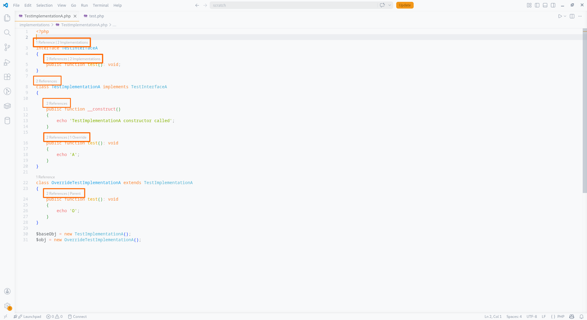 Code Lens displaying reference counts above PHP class and method declarations