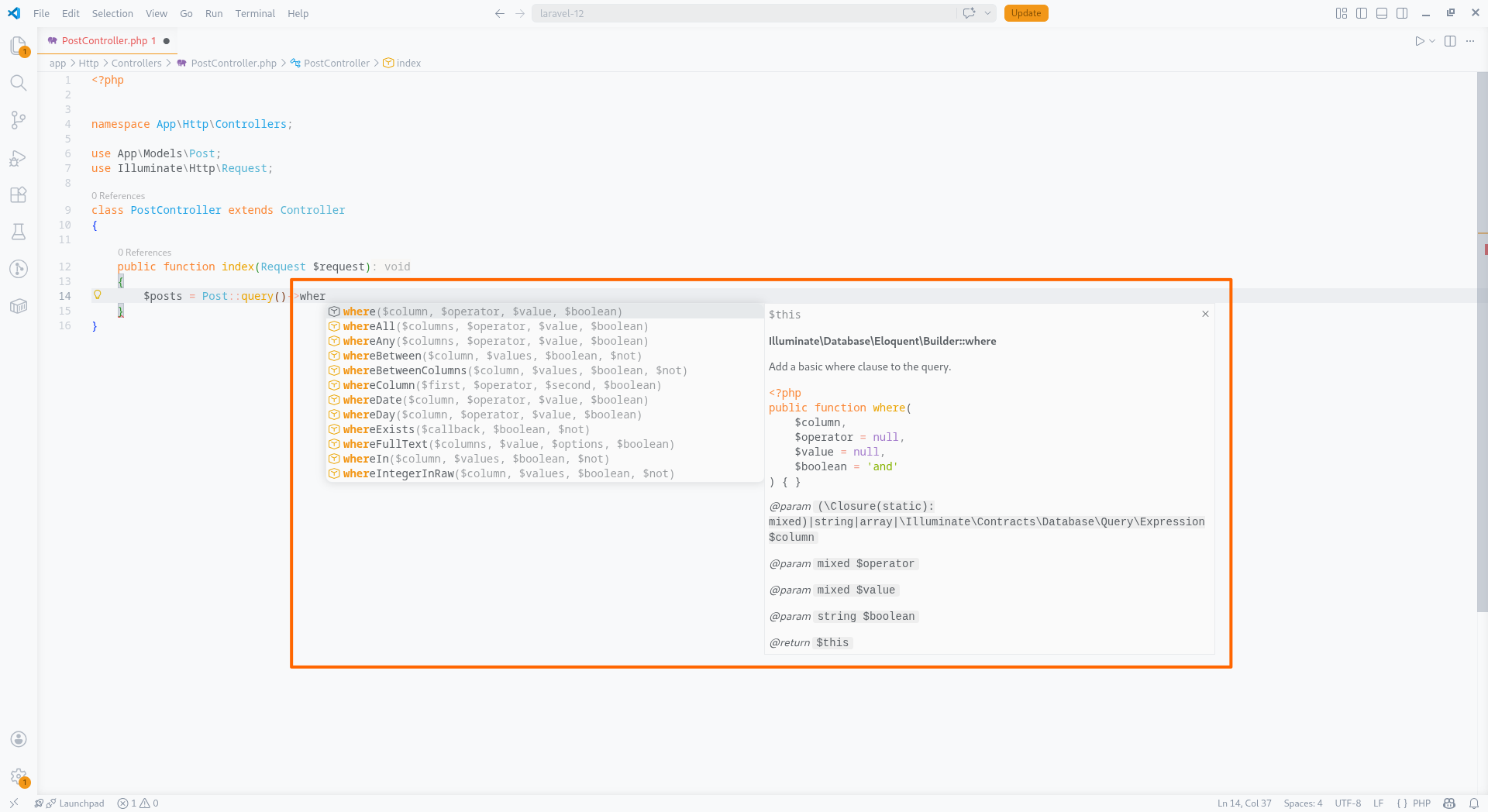 Code Completion dropdown with context-aware PHP symbol suggestions