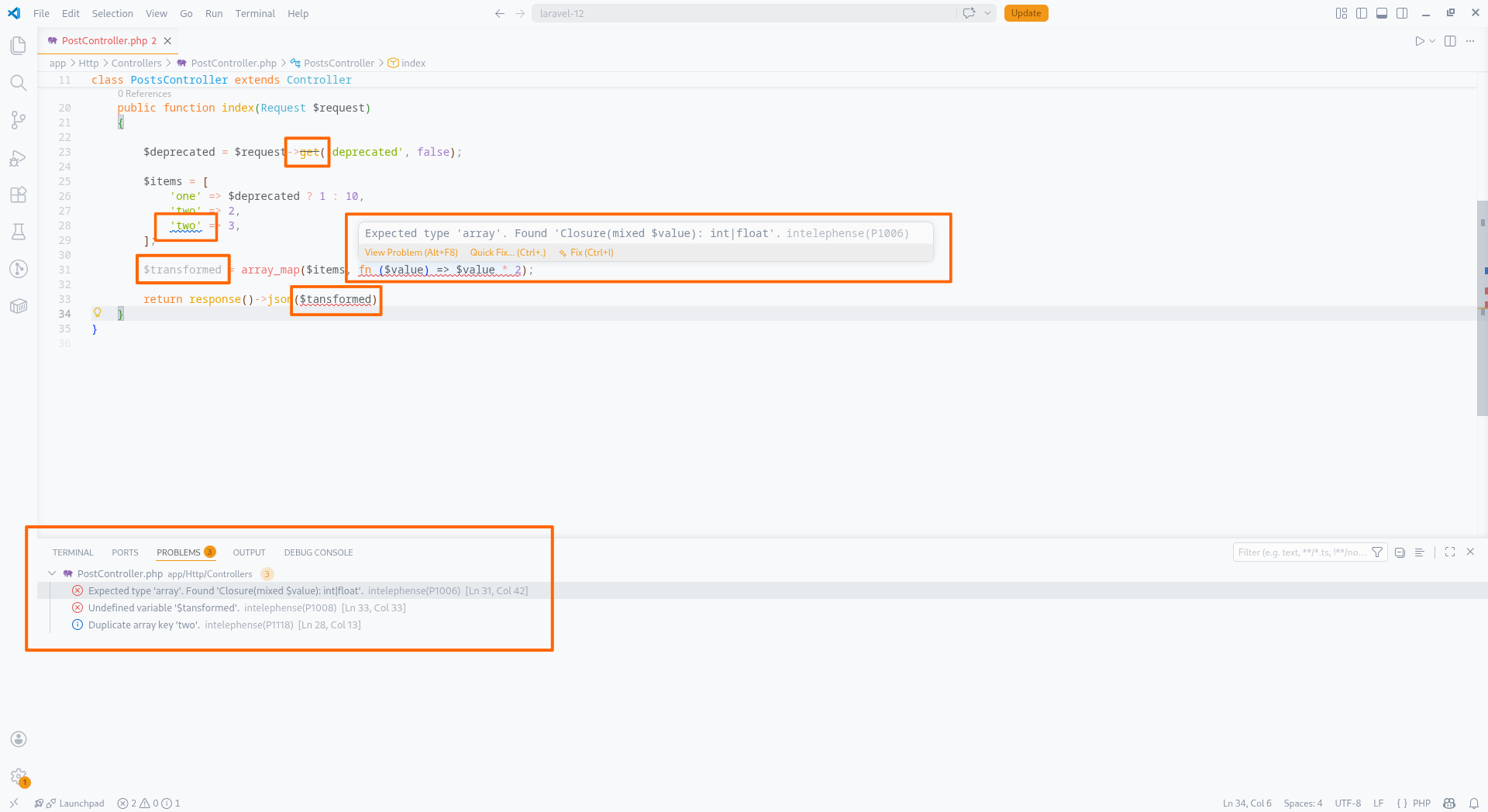 Diagnostics panel showing PHP type errors and warnings inline in the editor