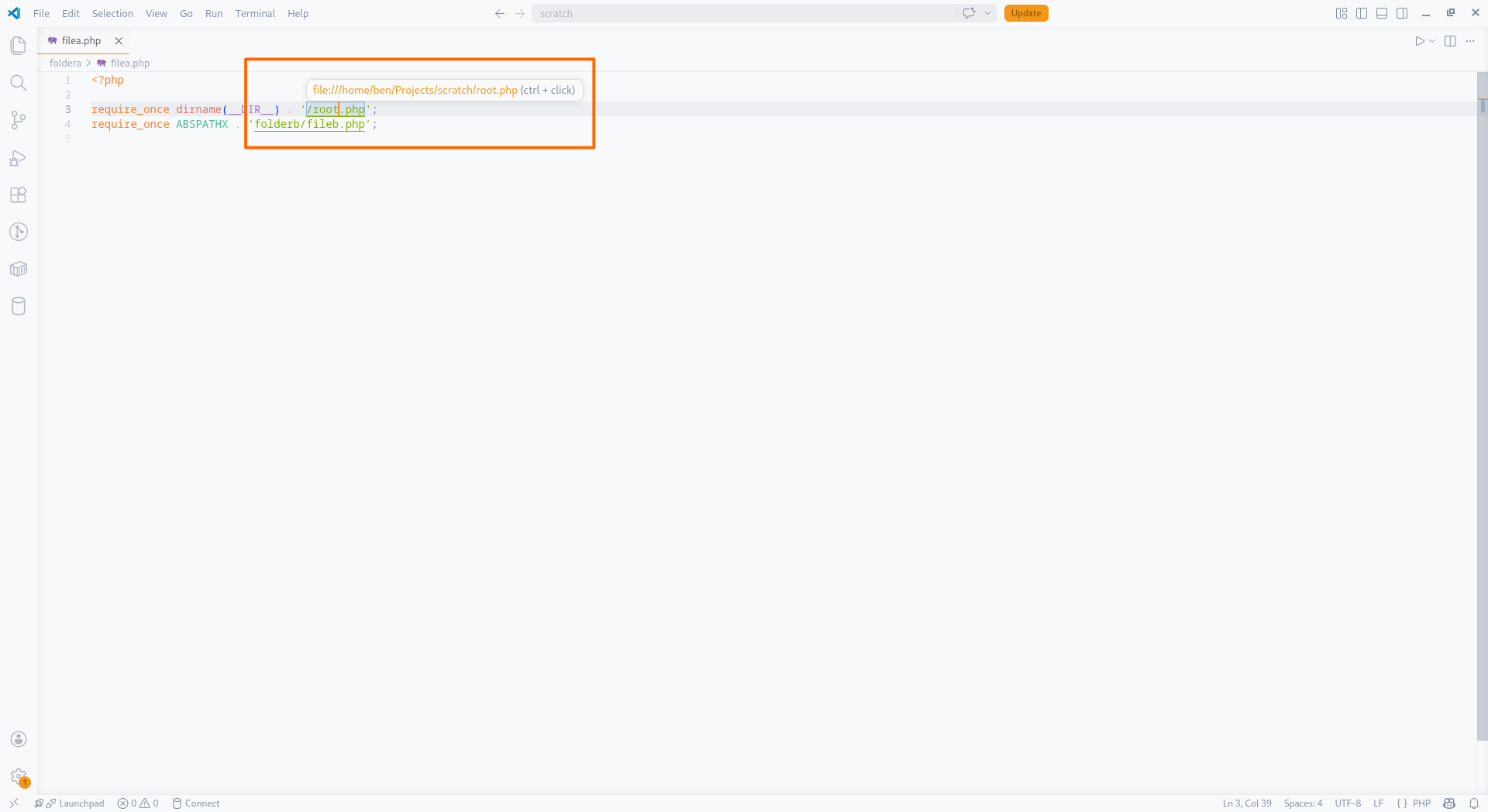 Document Links showing clickable require and include paths in a PHP file