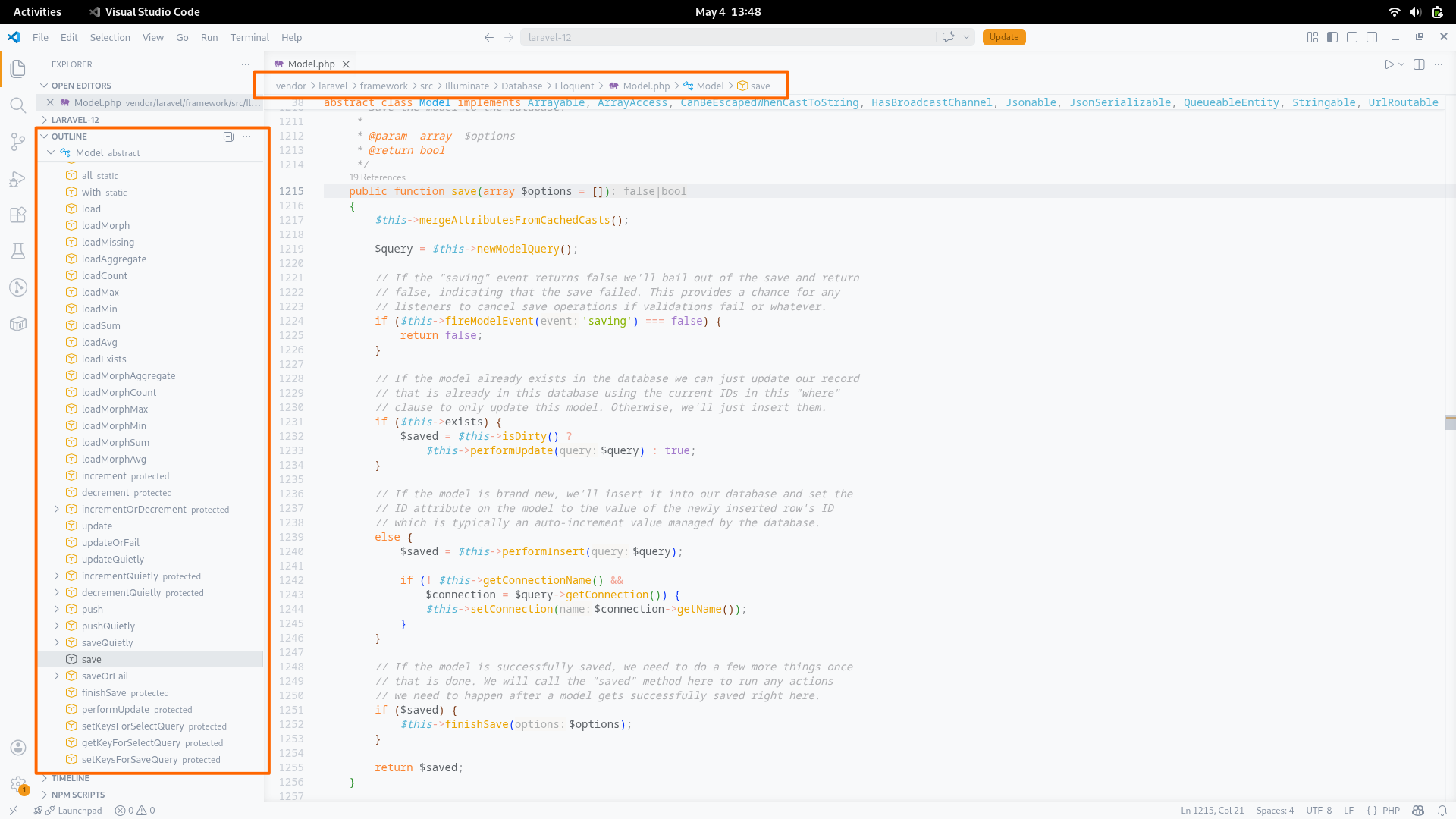 Document Symbols outline panel showing PHP class and method structure