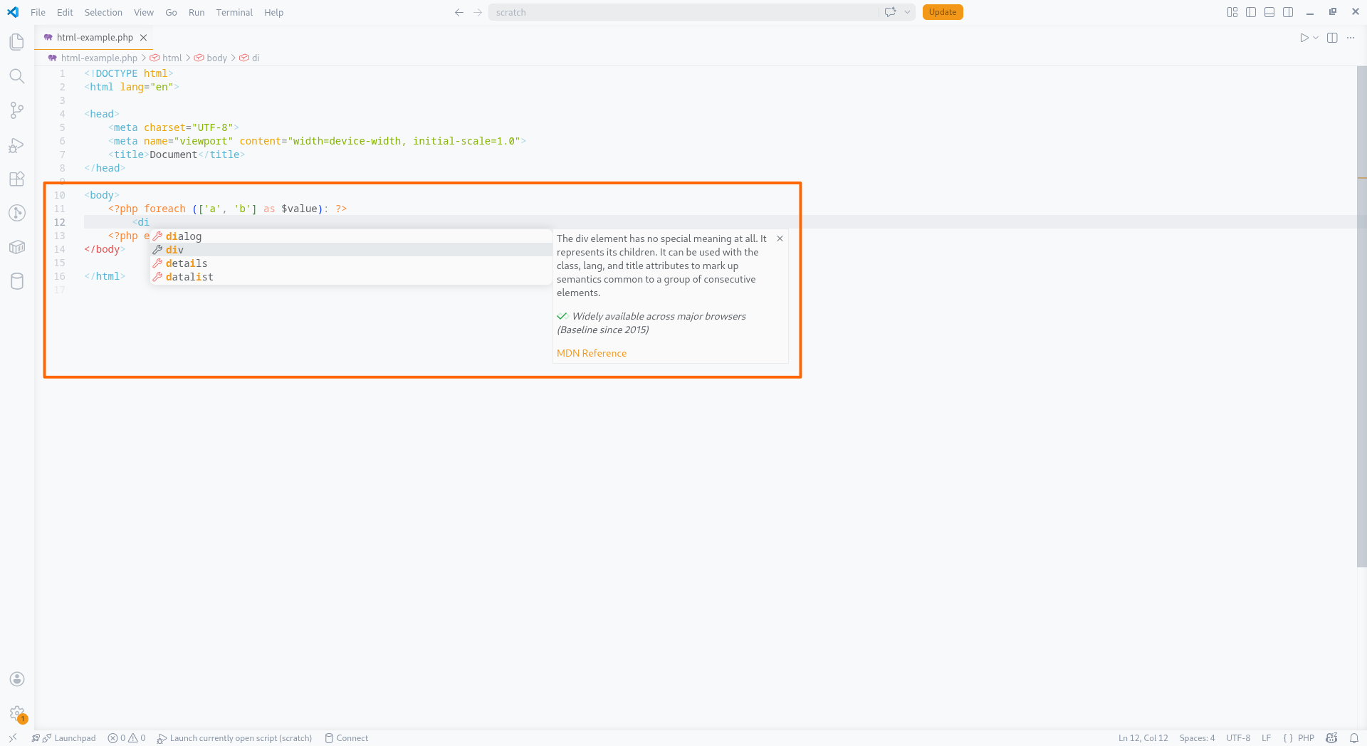 Language intelligence for HTML and CSS embedded within a PHP file