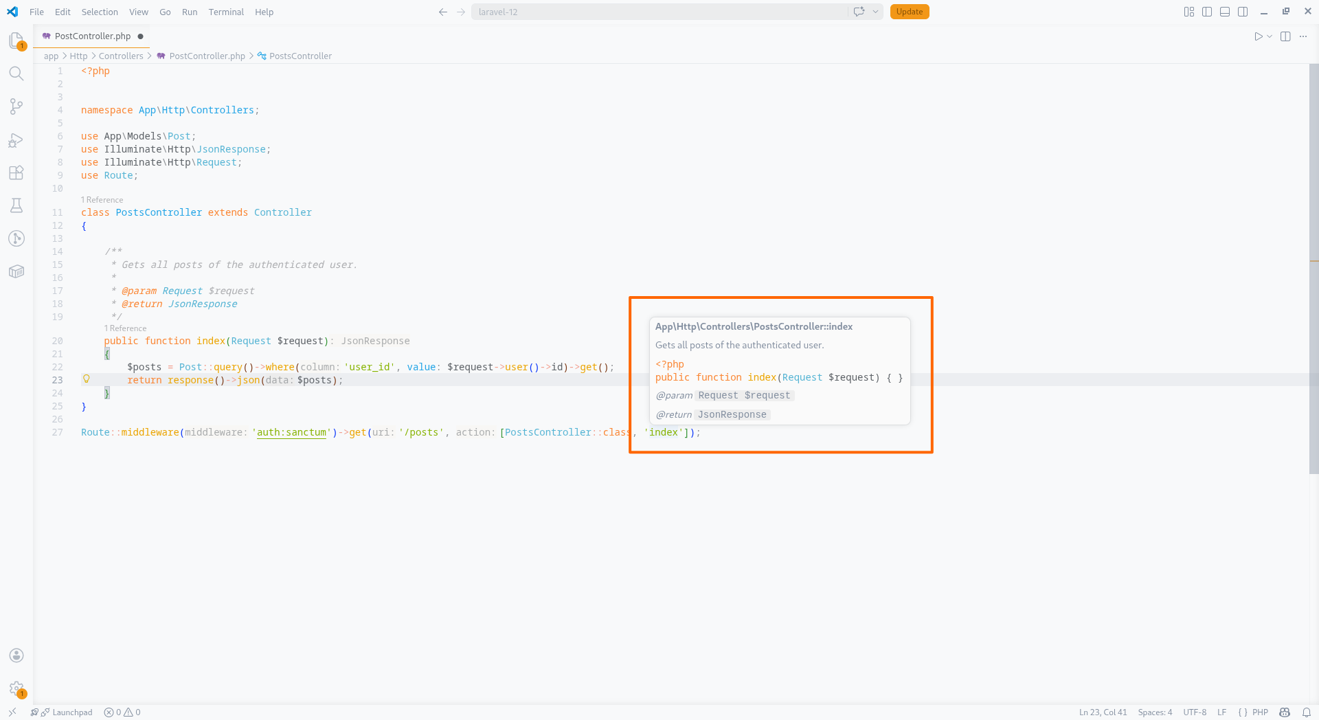 Hover tooltip showing PHP symbol type information and documentation