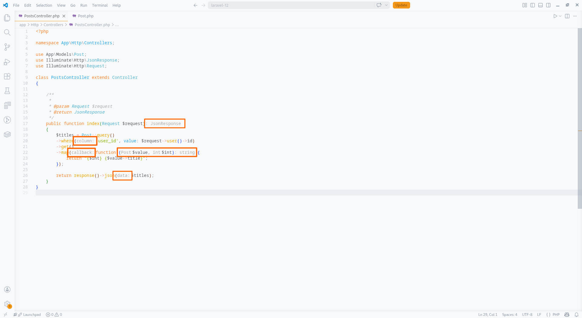 Inlay Hints showing inferred parameter names and return types inline in PHP code