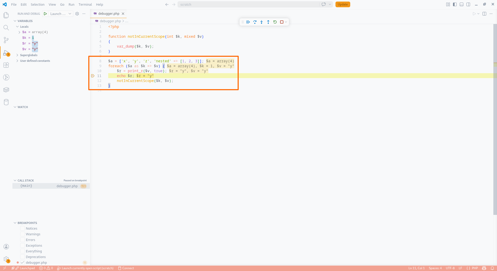 Inline Values showing variable states in the editor during a debug session