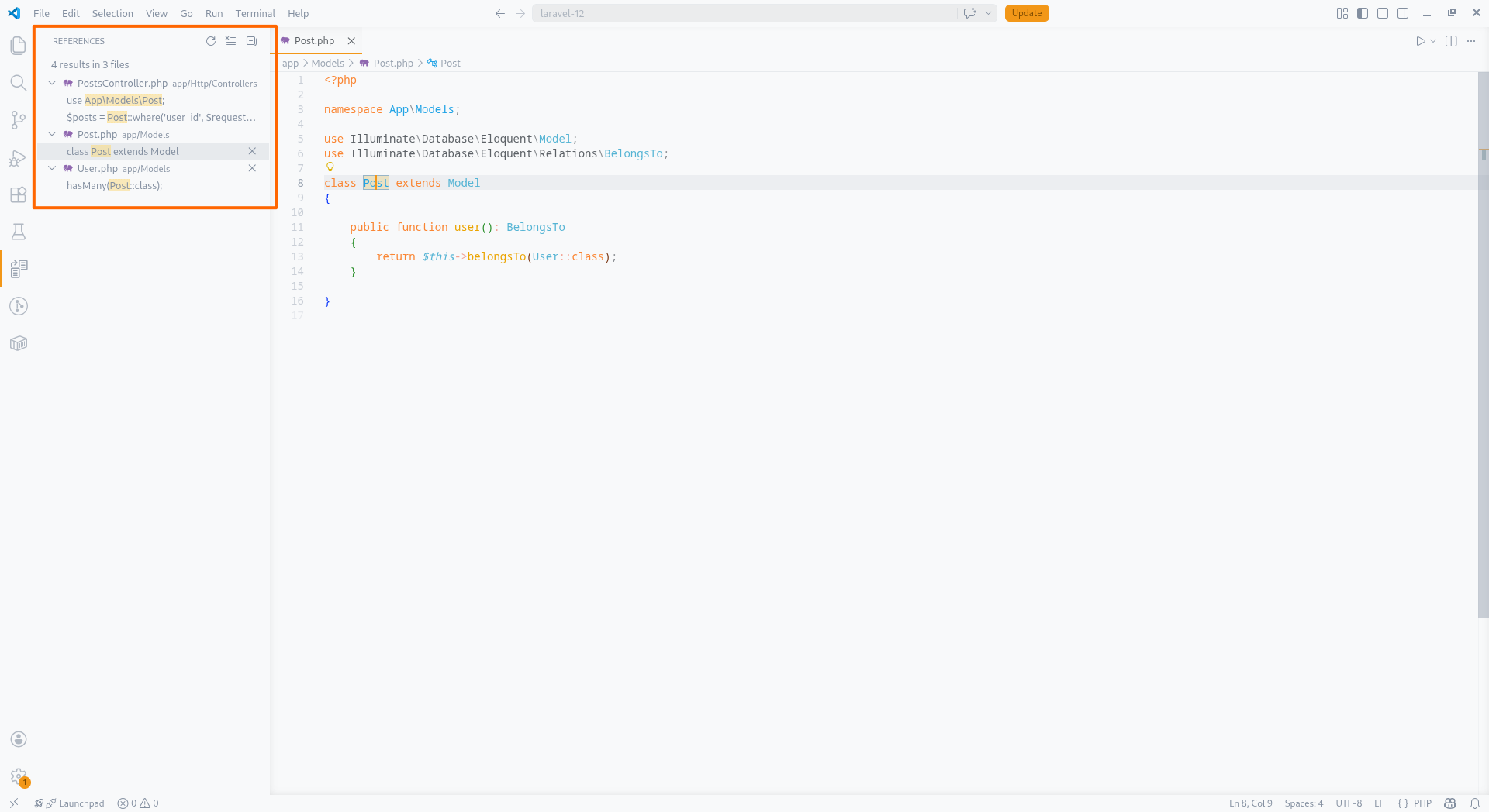 Find All References panel listing all usages of a PHP symbol