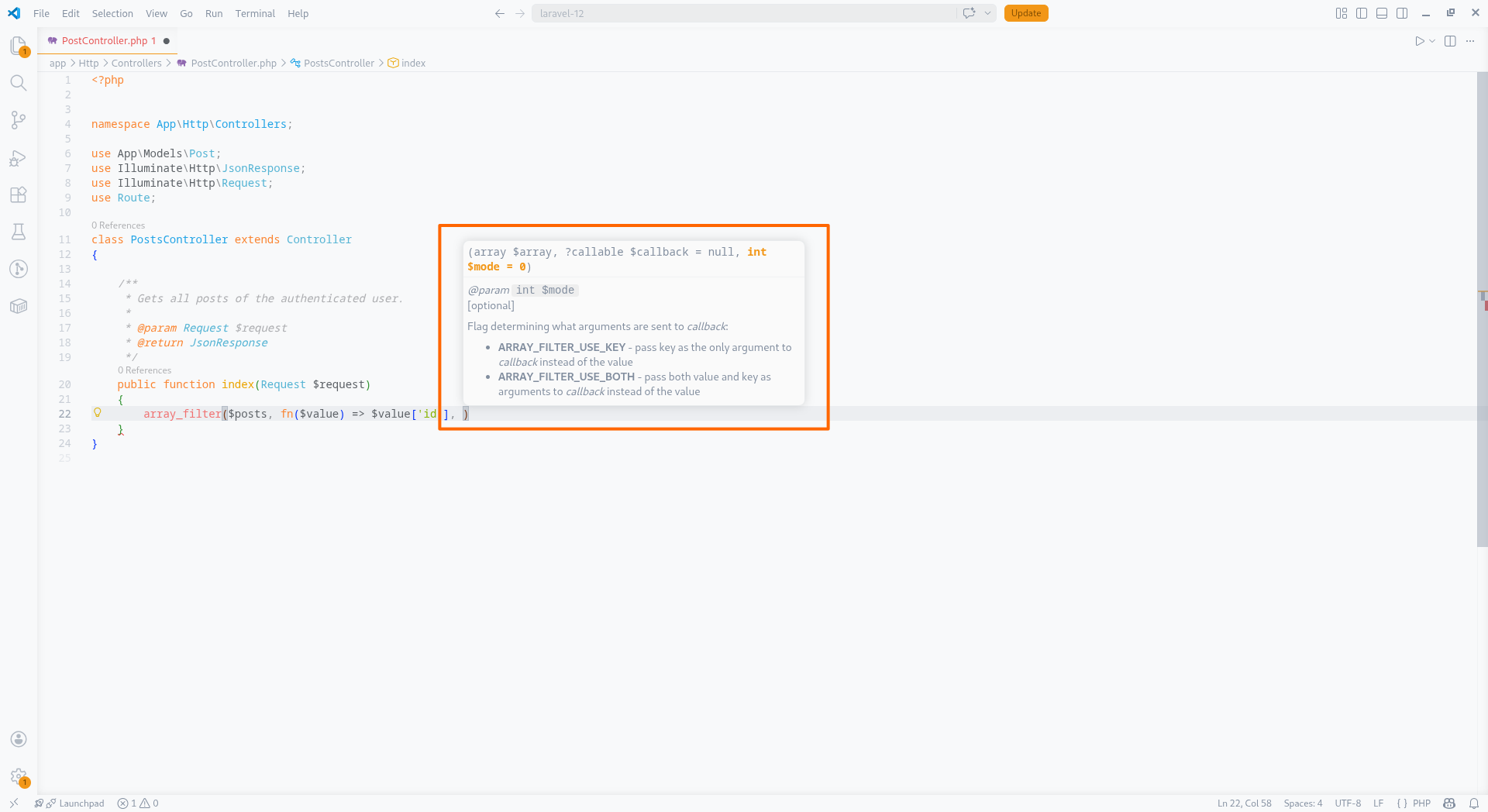 Signature Help popup displaying PHP function parameter information