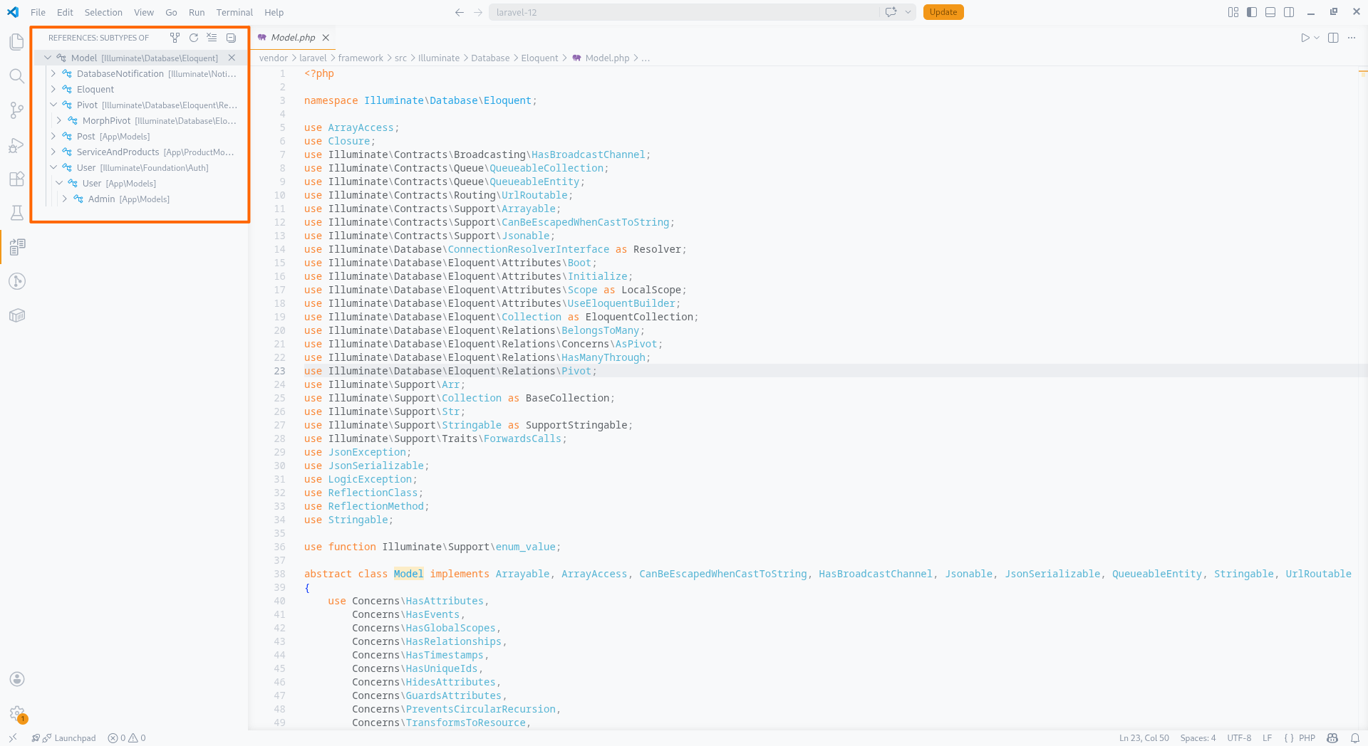 Type Hierarchy panel showing the inheritance structure of a PHP class