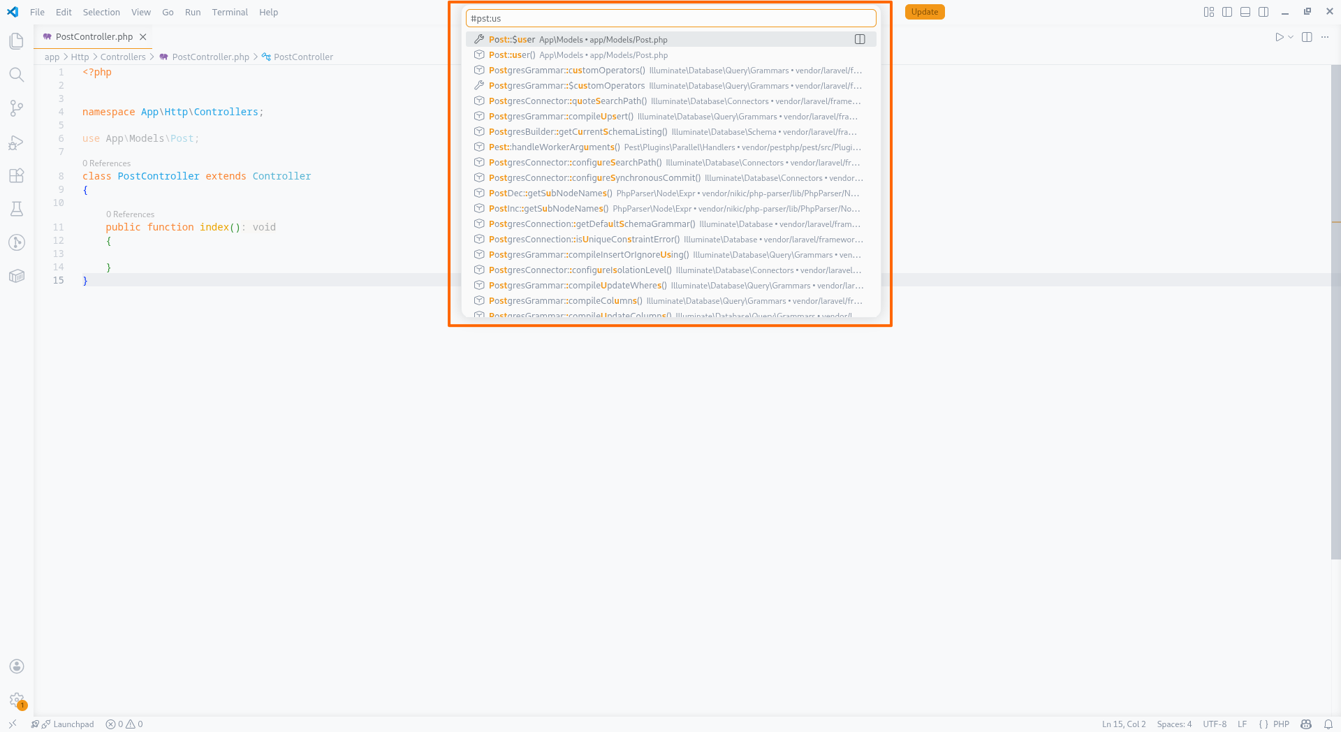 Workspace Symbols panel in VS Code showing search results for a PHP symbol